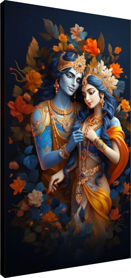 Digital painting of Radha and Krishna in a close embrace, surrounded by orange and blue flowers on a dark background. | PrintPosters.in